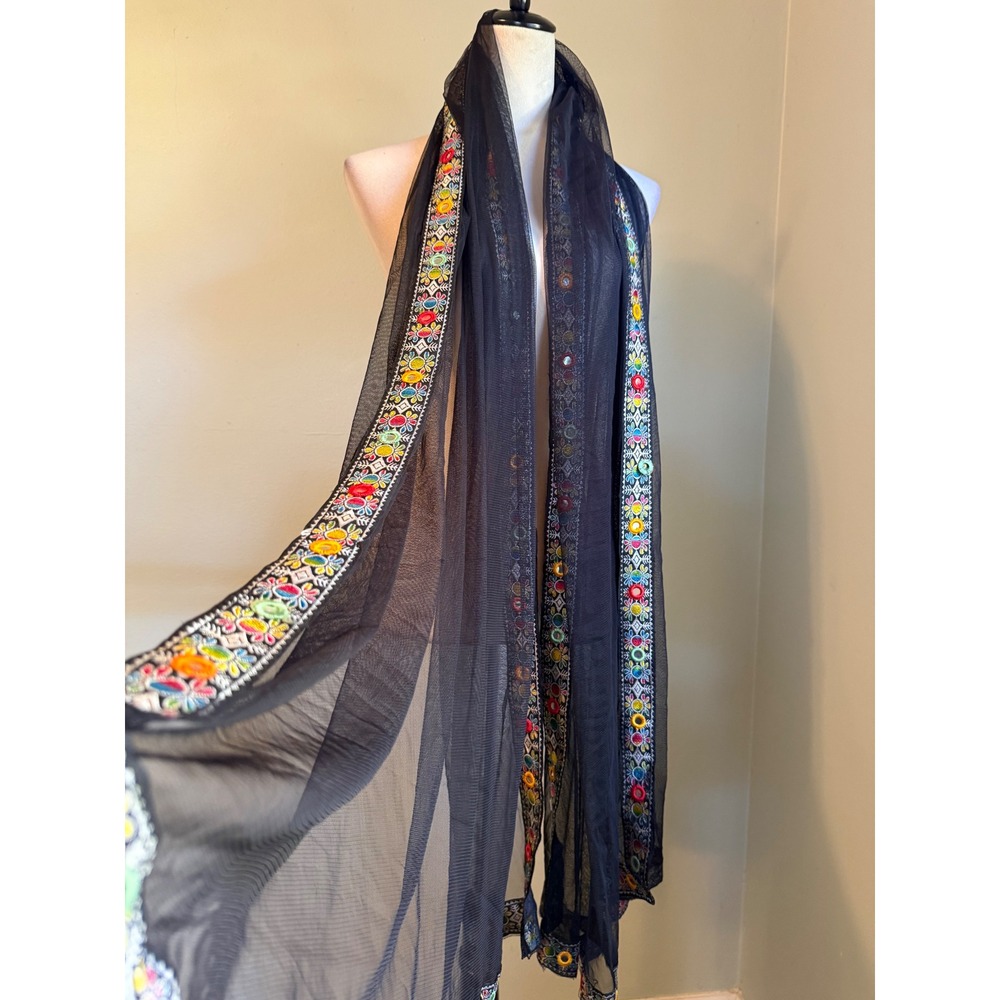 Black Mesh Dupatta Scarf MultiColor Floral Embroidery Mirror Work boho whimsigot